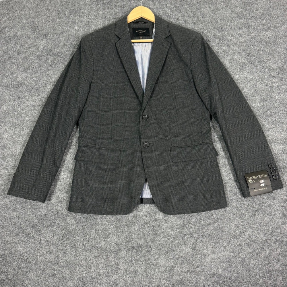 Banana Republic Blazer Tailored Slim Fit Mens 38S Grey Cotton Glen Plaid NEW